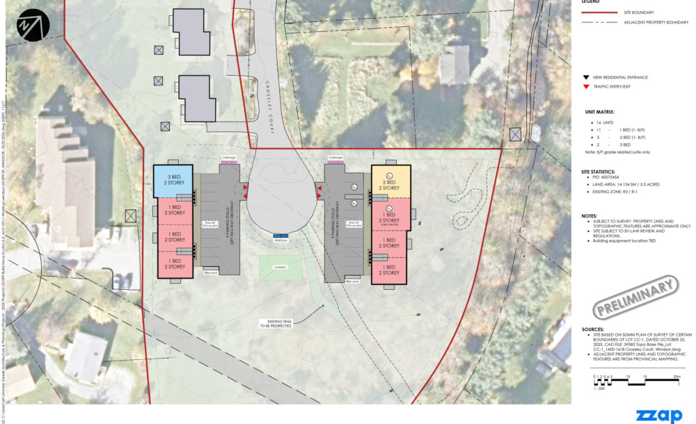 Site plan of the proposed Crossley Court residential development showing two apartment-style buildings, parking areas and shared outdoor amenities within the property boundary.