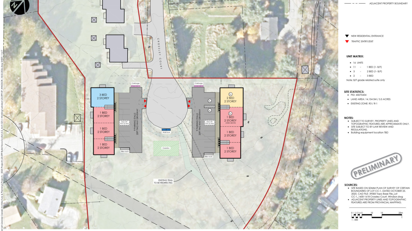 Site plan of the proposed Crossley Court residential development showing two apartment-style buildings, parking areas and shared outdoor amenities within the property boundary.